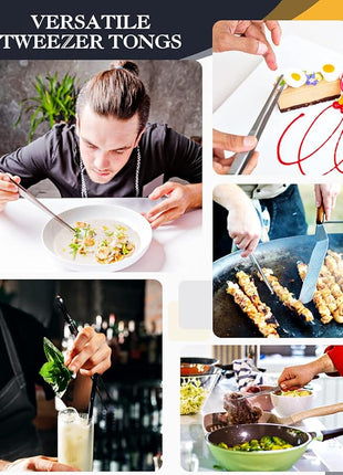 2 Pcs 10-inch Cooking Tweezers Tongs Precision Serrated Tips, Stainless Steel Professional Chef Tweezer Kitchen Tools for BBQ, Plating and Serving (Silver)