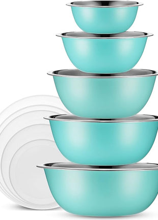 WHYSKO Stainless Steel Mixing Bowls With Lids Set, 5 Sizes Nesting Mixing Bowls for Your Kitchen Meal Prep, Cooking, Baking, and Food Storage (Blue Bowls with White Lids)