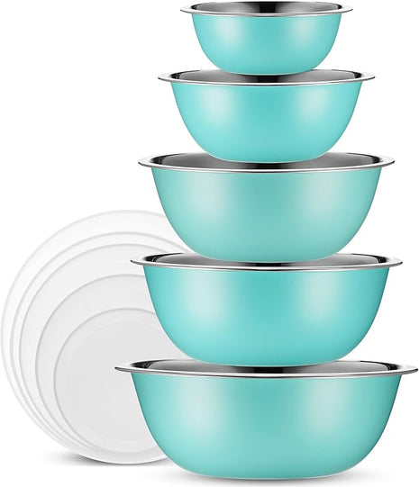 WHYSKO Stainless Steel Mixing Bowls With Lids Set, 5 Sizes Nesting Mixing Bowls for Your Kitchen Meal Prep, Cooking, Baking, and Food Storage (Blue Bowls with White Lids)