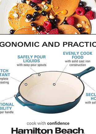 Hamilton Beach Enameled Cast Iron Fry Pan 12-Inch Navy, Cream Enamel Coating, Skillet Pan For Stove top and Oven, Even Heat Distribution, Durable