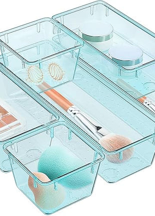 WOWBOX 6 Pack Clear Drawer Organizer Set, Acrylic Drawer Storage Trays, Storage Bins for Makeup, Cosmetics, Jewelries, Utensils, Gadgets, Office, Sea Blue