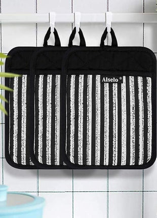 Silicone Pot Holders Set of 3 Heat Resistant & Non Slip Potholders, Professional Oven Hot Pads with Pockets Mitts for Kitchen Cooking Baking Barbecue (3, Black)