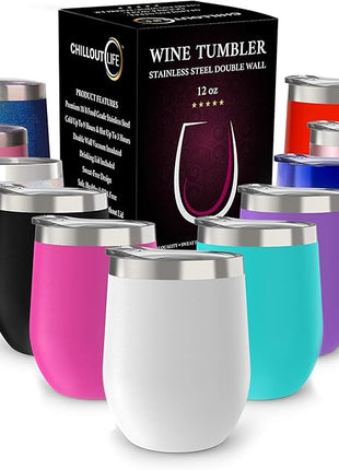 CHILLOUT LIFE 12 oz Stainless Steel Wine Tumbler with Lid - Double Wall Vacuum Insulated Wine Cup Glass Keeping Cold & Hot for Coffee, Champagne, Cocktails, Ice Cream - Powder Coated White