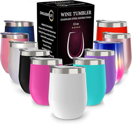 CHILLOUT LIFE 12 oz Stainless Steel Wine Tumbler with Lid - Double Wall Vacuum Insulated Wine Cup Glass Keeping Cold & Hot for Coffee, Champagne, Cocktails, Ice Cream - Powder Coated White