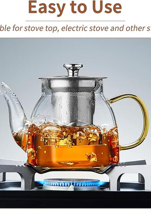 Glass Tea Pot with Stainless Steel Infuser and Lid (Octagonal), Clear Glass Teapot, Borosilicate Hydrochloric Glass Heat Resistant, Fine Glass Filter for Flower Tea, Tea Bags (27 oz / 800 ml)