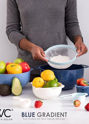COOK WITH COLOR Nesting Bowls with Measuring Cups Colander and Sifter Set - Includes Mixing Bowls, Colander, Sifter and Measuring Cups, Blue Ombre, 8 Pc Bowl