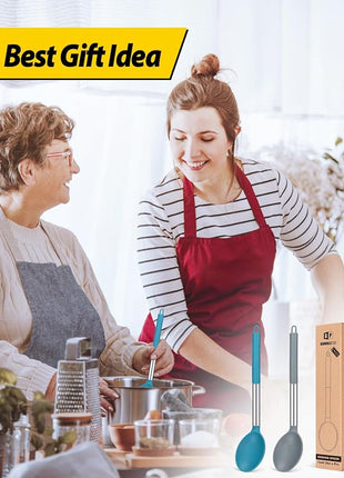 Pack of 2 Large Silicone Cooking Spoon Non Stick Solid Basting Spoons Heat-Resistant Kitchen Utensils for Mixing Serving (Gray-Blue)