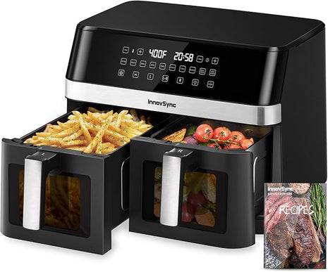 12QT Large Dual Air Fryer, 10-in-1 Double Zone Airfryer with 2×6QT Baskets, 60° Easy-Panel with Full Touchscreen, SyncCook Function, Viewing Window, Nonstick & Dishwasher Safe, 2 Dishes at Once, Black