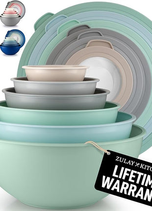 Zulay Kitchen 12 Piece Plastic Nesting Mixing Bowl Set - Colorful Bowls with Lids - Microwave and Freezer Safe (Mint Ombre)