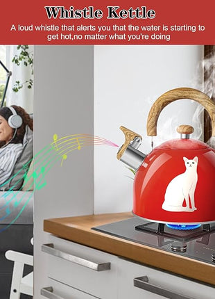 ARC Stainless Steel Red Whistling Tea Kettle, Magic Color Changing Design 2-Quart Stovetop Kettle Whistle Teapot with Folding Cup & Trivet Mat