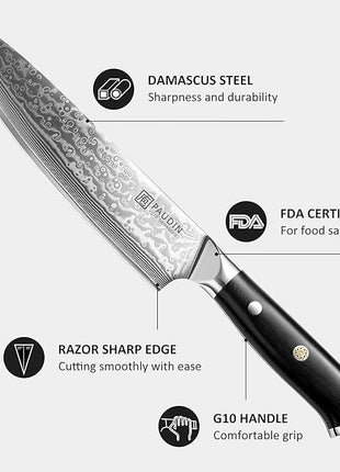 PAUDIN Damascus Chef Knife, 8 Inch Kitchen Knife, 67 Layers Damascus Steel Knife Japanese VG10 Core, Professional Chefs Knife with Ergonomic G10 Handle