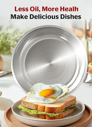 SUNHOUSE 11 Inch Tri-Ply Stainless Steel Frying Pan, Whole-Clad No Coatings Skillet with Stay-cool Handle for Cooking, Durable & Oven Safe to 500°F, Dishwasher Safe, Compatible with All Cooktops