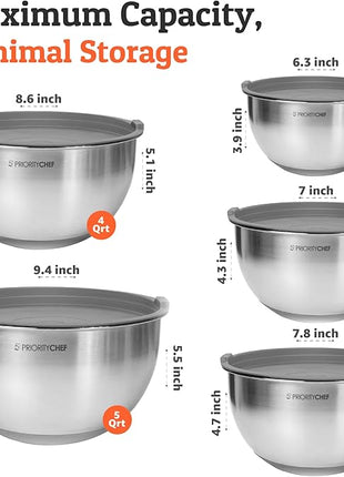 Priority Chef Premium Mixing Bowls With Airtight Lids Set, Thicker Stainless Steel Mixing Bowl Set, Large Prep Metal Bowls with Lids, Nesting Bowls for Kitchen, 1.5/2/3/4/5 Qrt, Grey
