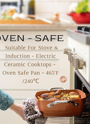 Moss & Stone 7 Pcs Copper Chef Cookware Non Stick Deep Frying Pan 9.5" x 3.5", Fry Basket, Dishwasher & Oven Safe, 5 Qt Deep Square Pot, Non Stick Pan & Round Pot, Induction Copper Cookware Set