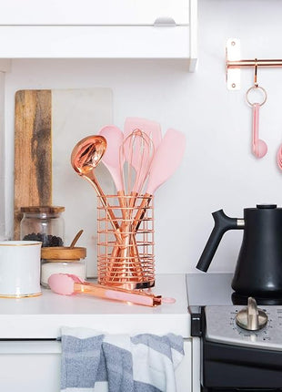 Copper and Pink Kitchen Utensils Set - 17-Piece Silicone Cooking Tools with Copper Utensil Holder and Pink Measuring Cups and Spoons for Baking and Everyday Cooking - Stylish Kitchen Accessories
