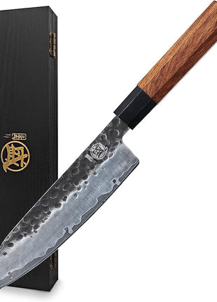 MITSUMOTO SAKARI Santoku Chef Knife 7 inch - Hand Forged Japanese Kitchen Knives, 3-Layer 9CR18MOV High Carbon Steel, Rosewood Handle & Sandalwood Box