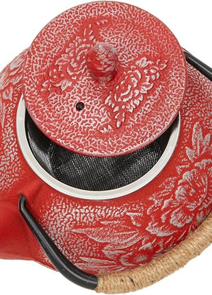 Juvale Japanese Cast Iron Teapot with Infuser - Red, 27 oz (800 ml), 3-Pc Teapot Set - Stovetop Kettle for Loose Leaf Brewing - Removable Stainless Steel Infuser & Trivet Included