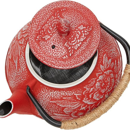 Juvale Japanese Cast Iron Teapot with Infuser - Red, 27 oz (800 ml), 3-Pc Teapot Set - Stovetop Kettle for Loose Leaf Brewing - Removable Stainless Steel Infuser & Trivet Included