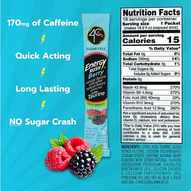 4C Energy Rush Stix, Berry 1 Pack, 18 Count, Single Serve Water Flavoring Packets, Sugar Free with Taurine, On the Go Bundle