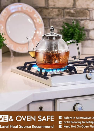 HIWARE 1000ml Glass Teapot with Removable Infuser, Stovetop Safe Tea Kettle, Blooming and Loose Leaf Tea Maker Set