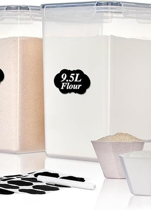 Vtopmart 9.5L 2 Pack Extra Large Flour Sugar Storage Containers for 25lbs flour, Airtight Kitchen Pantry Organization Canisters with Lids for Bulk food, Rice, Baking Supplies, BPA Free, Black