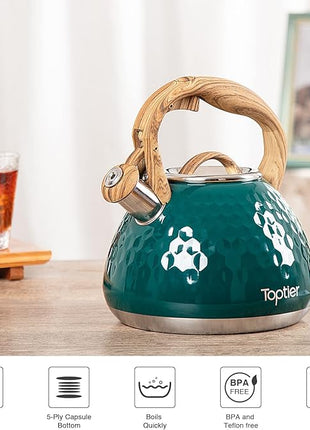 Tea Kettle, Toptier Teapot Whistling Kettle with Wood Pattern Handle Loud Whistle, Food Grade Stainless Steel Tea Pot for Stovetops Induction Diamond Design Water Kettle, 2.7-Quart Dark Green