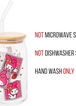 Silver Buffalo Sanrio Hello Kitty and Friends My Melody Polaroids Glass Jar Tumbler with Bamboo Lid and Glass Straw, 16 Ounces (Pack of 12)