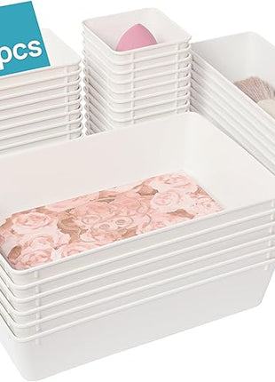 Vtopmart 44 PCS Plastic Drawer Organizers Set, 4-Size Versatile Bathroom and Vanity Organizer Trays, Non-Slip Storage Containers for Makeup, Jewelries, Bedroom，Kitchen Utensils and Office, White