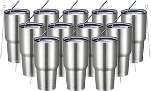 MEWAY 30oz Insulated Tumbler With Lids and Straws,Stainless Steel Double Vacuum Coffee Tumbler Cup, Brush, Durable Powder Coated Coffee Cup for Cold & Hot Drinks, Office, Travel(Silver,12 PACK)