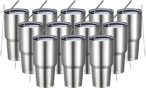 MEWAY 30oz Insulated Tumbler With Lids and Straws,Stainless Steel Double Vacuum Coffee Tumbler Cup, Brush, Durable Powder Coated Coffee Cup for Cold & Hot Drinks, Office, Travel(Silver,12 PACK)