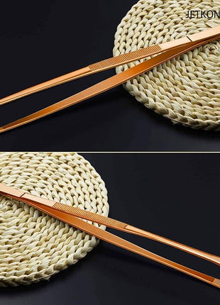 JETKONG 2 Pcs 12-Inch Kitchen Tweezers Cooking Tweezer Tongs Stainless Steel Long Food Tweezers (Rose Gold)