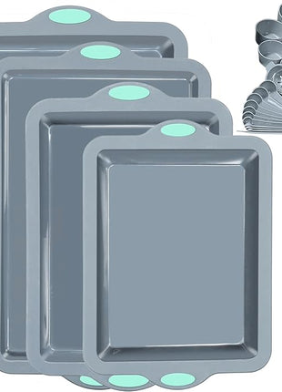 To encounter Silicone Baking Pans Set, 4 Pieces Nonstick Bakeware Set with Baking Pans, Baking Sheets, Cookie Sheets, Cake Pan with Metal Reinforced Frame More Strength, Light Grey