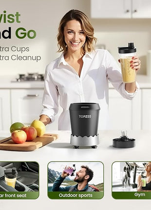 TOPZEE Personal Smoothie Blender - 1000W Single Serve Smoothie Maker with 24oz Portable Travel Cups, Ideal for Protein Shakes, Frozen Drinks, and Kitchen Use