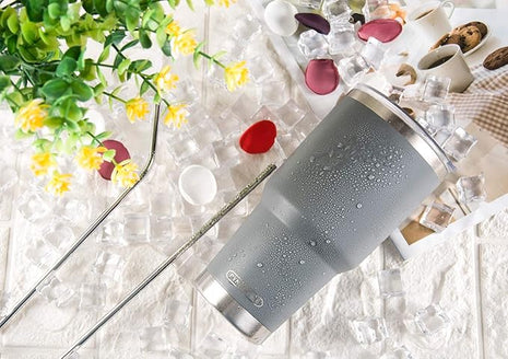 D·S 30oz Grey Tumbler Stainless Steel Insulated Travel Mug with Straw Lid Cleaning Brush (30oz Grey)