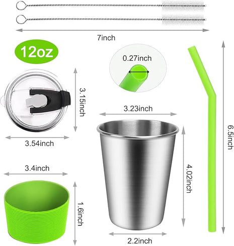 ShineMe Kids Cups with Straws and Lids, 12oz Kids Metal Drinking Glasses with Spill Proof Lids & Silicone Straws, Stainless Steel Reusable Water Tumblers for Children and Adults (5pack)