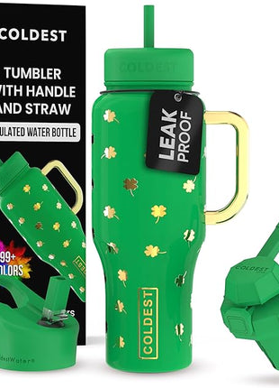 Coldest Tumbler with Handle and Straw - 100% Leak Proof Insulated Tumbler with Lid and Straw (3 Lids) - Stainless Steel Tumblers for Women & Men - Cup Holder Friendly Base, 36 oz (Lucky)