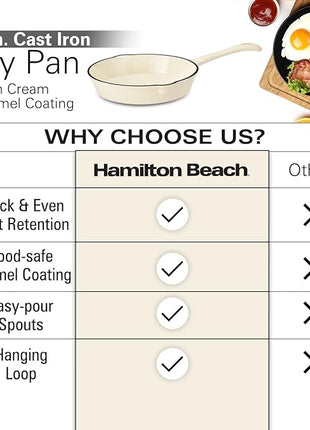 Hamilton Beach Enameled Cast Iron Fry Pan 8-Inch Cream, Cream Enamel Coating, Skillet Pan for Stove Top and Oven