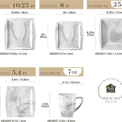 MALACASA Dinnerware Sets, 30 Piece Porcelain Plates and Bowls Sets for 6, Square Dish Set with Dinner Plates Set, Cup and Saucer, Modern Dishware Dishes Microwave Safe, Marble Grey, Series Blance