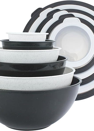COOK WITH COLOR Mixing Bowls with TPR Lids - 12 Piece Plastic Nesting Bowls Set includes 6 Prep Bowls and 6 Lids, Microwave Safe Mixing Bowl Set (Black and White)