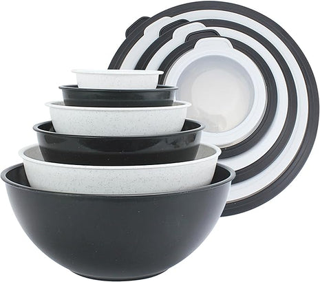 COOK WITH COLOR Mixing Bowls with TPR Lids - 12 Piece Plastic Nesting Bowls Set includes 6 Prep Bowls and 6 Lids, Microwave Safe Mixing Bowl Set (Black and White)
