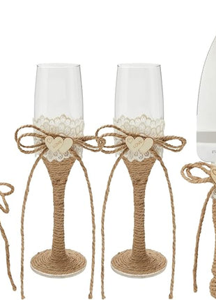 Juvale Wedding Decor Rustic Cake Knife & Server Set with Champagne Flutes - Brown Wood Handles, 13.2in Knife & 11in Server, 7.1oz Flutes - Rustic Wedding Decorations