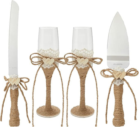 Juvale Wedding Decor Rustic Cake Knife & Server Set with Champagne Flutes - Brown Wood Handles, 13.2in Knife & 11in Server, 7.1oz Flutes - Rustic Wedding Decorations
