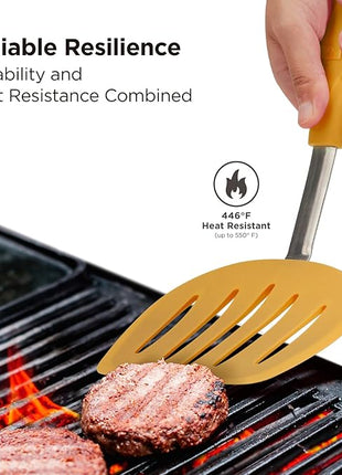 Kitchen Mama WaltzGrip Platinum Silicone Pancake Spatula Turner: Heat-Resistant, Slotted Tapered Head, Stainless Steel Core, Durable, Dishwasher-Safe, Ideal for Flipping and Wok Use (Yellow)