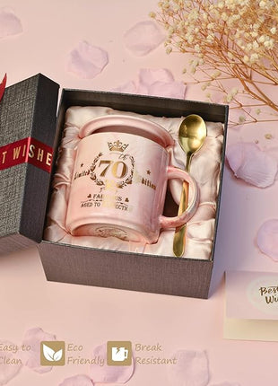 70th Birthday Gifts for Women - Aged to Perfection Coffee Mug - Unique Birthday Present for Grandma Mum Wife Girl Friend Sister - Pink Marble Mug for Coffee Lovers 14Oz Tea Cup Gift Boxed