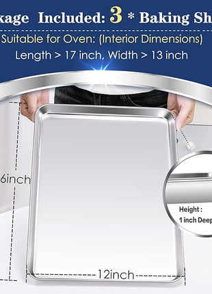 P&P CHEF 16 Inch Baking Cookie Sheet, Oven Pan Tray Stainless Steel Sheet Pan for Kitchen, Oven Bakeware for Multi Uses, Shiny Look & Dishwasher Safe, Healthy & Heavy Duty, 3Pcs