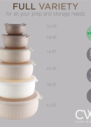 COOK WITH COLOR Prep Bowls with Lids- Wide and Deep Nesting Plastic Small Mixing Bowl Set with Lids, 12 Piece Set - Wide Bowls, Brown