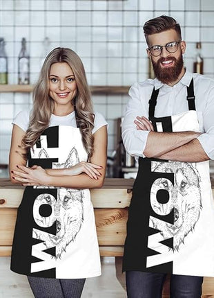 EKOBLA Wolf Aprons Hand Drawn Portrait Tattoo Animal Cool Creative Sketch Art Waterproof Resistant Chef Cooking Kitchen BBQ Adjustable Aprons for Women Men 27x31 Inch