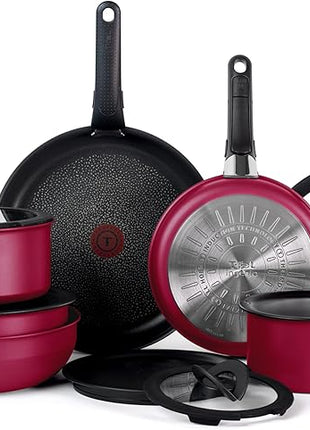 T-fal Ingenio Expertise Non Stick Cookware Set 14 Piece, Induction, Oven Broiler Safe 500F, Cookware, Pots and Pans Set, RV, Camping, Frying Pans, Dishwasher Safe, Detachable/Removable Handle, Pink