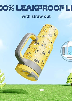 24 oz Stainless Steel Cup with Handle for Preschooler: BPA-Free, Lid with Straw, Easy to Clean, Car Cupholder Friendly, Insulated Tumbler for Playtime, Sports, Summer Camp, Vacation, Gift (Dig It Up)