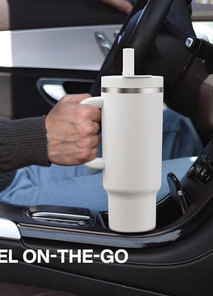 40 oz Tumbler with Handle and Straw: Stainless Steel Insulated Tumbler Keeps Cold for 24 Hours, Leakproof Travel Cup Fits in Cup Holder and BPA-Free, Mauve